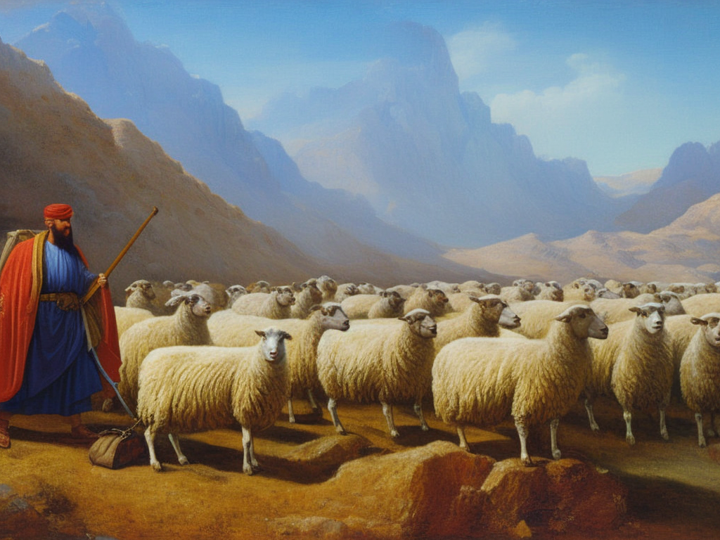 00953-320509152-a painting of a man leading a group of sheep and a man with a staff with a bag on his shoulder, EMB_JWTT-150.png